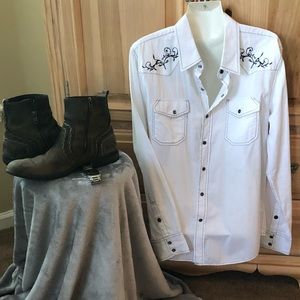 Men’s BKE Long Sleeve White Shirt With Embroidery